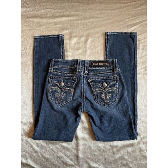 Rock Revival Denim - Rock‎ Revival Womens Sz 27 Debbie Straight Blue Jeans Low Rise Medium Wash Bling